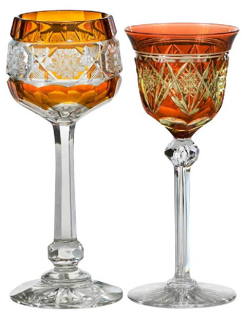 Two Val St. Lambert Cut to Clear Tall Stems: late 19th century, rare apricot cut to yellow, teardrop in stem, 7-1/2 in.; amber cut to clear, flat hobstar, faceted ball on stem, 8 in.