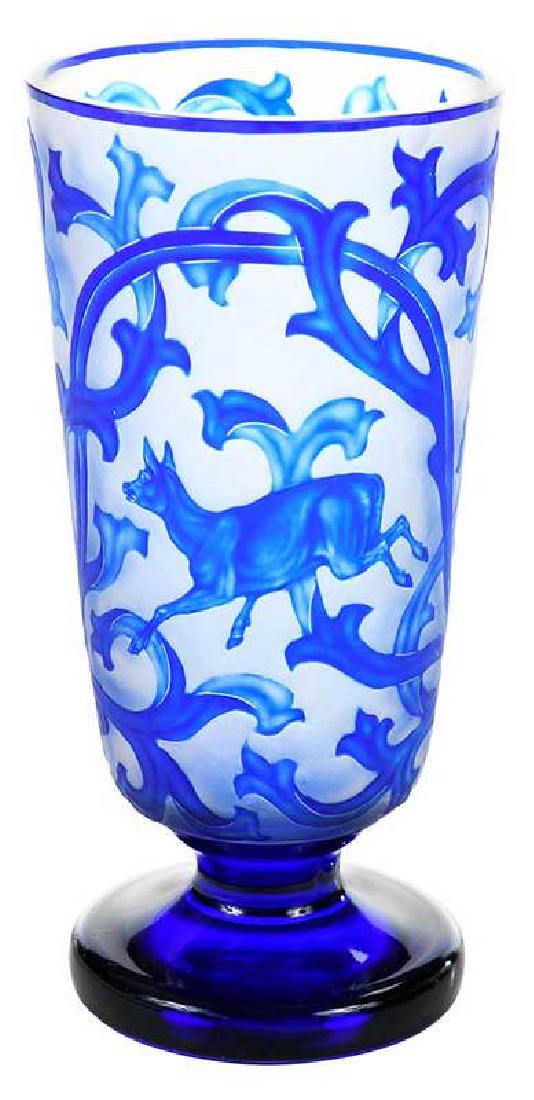 Bohemian Cobalt Overlay Deer Vase: Continental, late 19th century, in the manner of Franz Paul Zach (1819-1881), footed vase overlaid in b