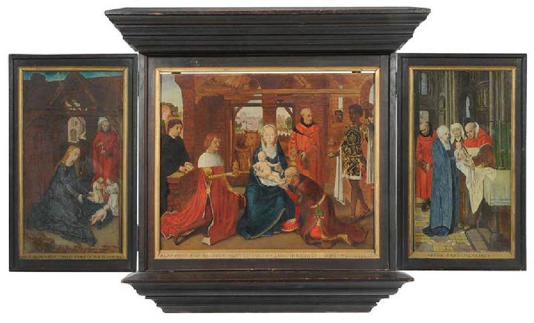 After Hans Memling: (Netherlandish, 1430–1494) Triptych of the Adoration of the Magi, after 1479 smaller version held by the Memling Museum, Sint-Janshospitaal, Bruges, inscribed in Dutch at bottom sight of fr