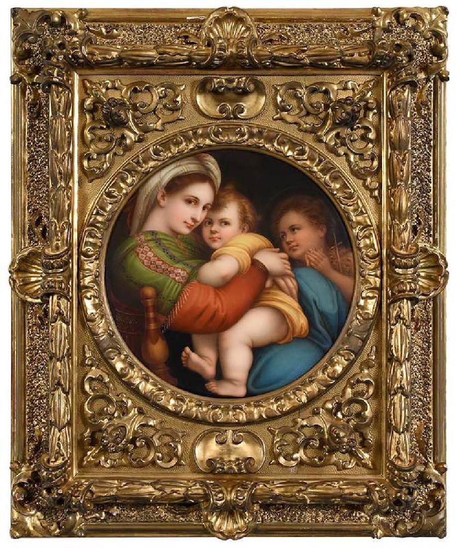 An Italian Grand Tour Porcelain Plaque: Madonna della Segiolla (or Sedia), after Raphael (Raffaello Sanzio da Urbino, 1483-1520), 19th/20th century, with stamp verso "Firenze", hand-painted, 11-5/8 in. dia.; fine original Florentine frame,&