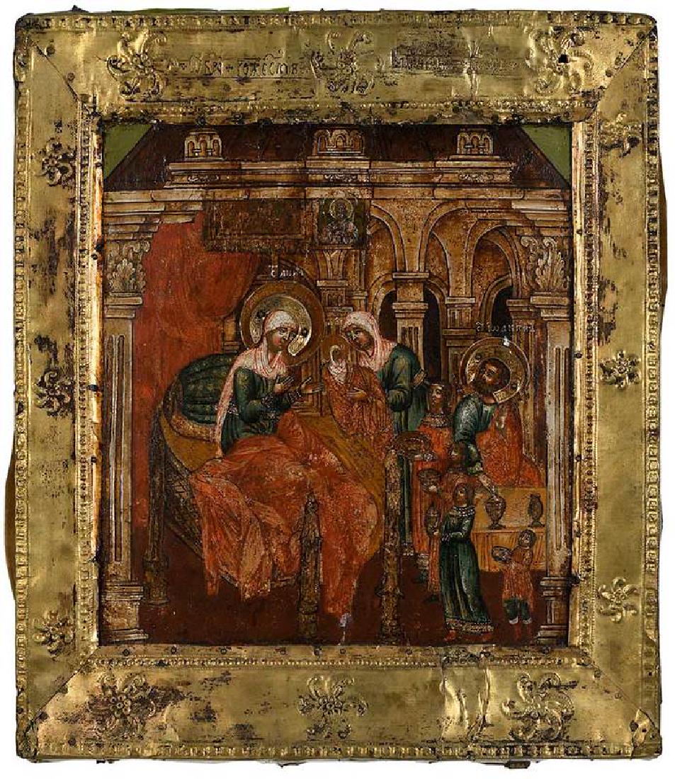 Russian Icon: (17th century) The Birth of the Virgin, Anna and Joachim with attendants in a rich architectural setting, tempera on wood with gilt silver border oklad with partial mark f