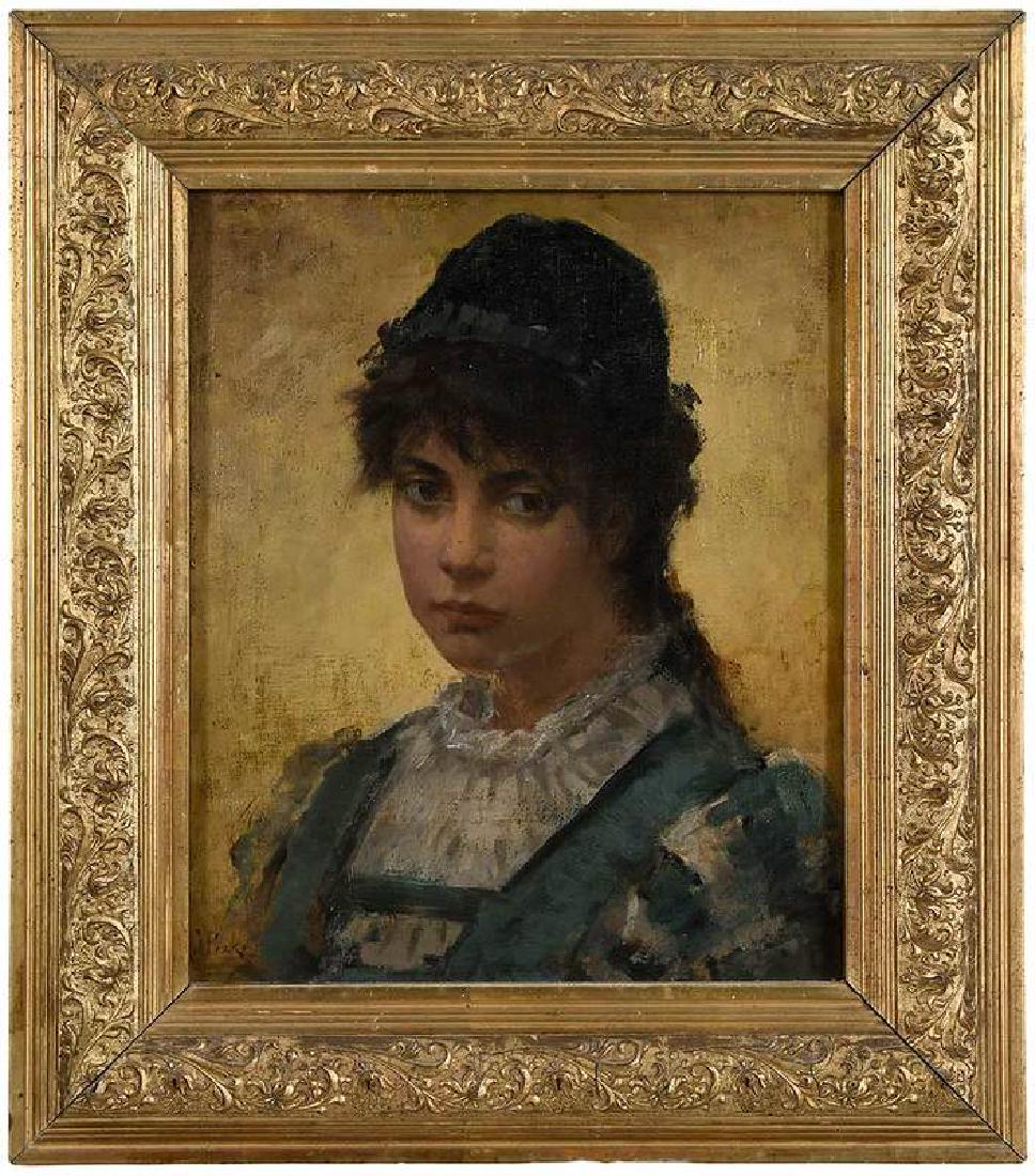 Continental School: (19th century) Portrait a Girl, signed lower left "E. K. Eaken", oil on canvas, 18-3/8 x 15-1/4 in.; gilt wood and composition cushion molding frame, 25-1/4 x 22-3/8 in. Provenance: Private Collection
