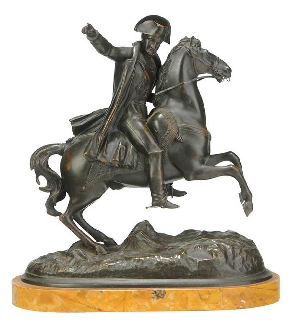 Prosper Louis Maxime Queste: (French 19th century) Napoleon on Horseback, signed "Queste", patinated bronze on Sienese marble base, 11 in. Provenance: Estate of General Raymond Eliot Lee
