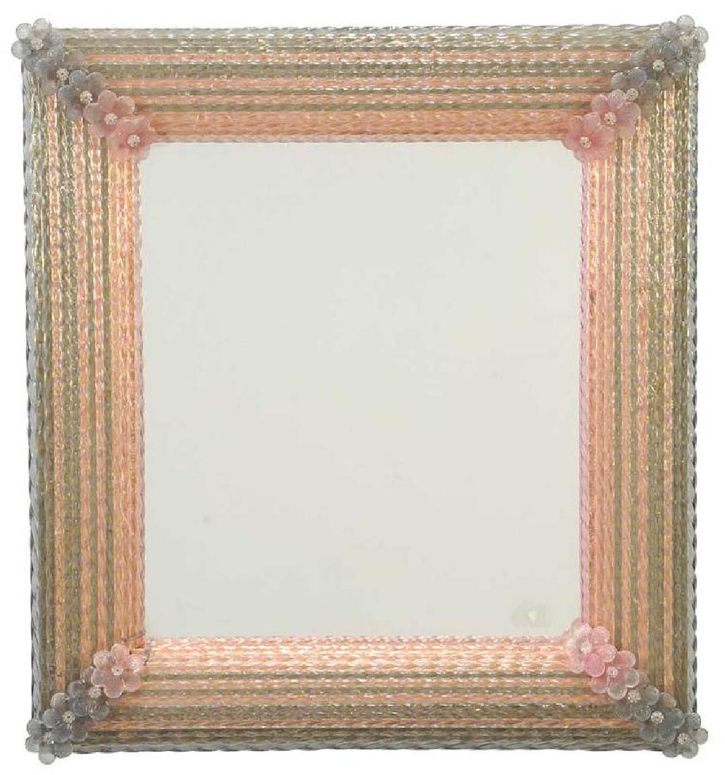 Venetian Pink and Pale Blue Frame Mirror: 20th century, attributed to Salviati, twisted glass frame set with corner rosettes, 26 x 24 in.