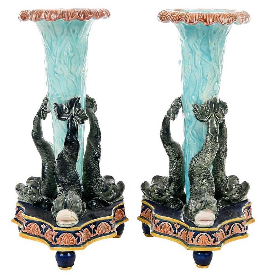 Pair Majolica Dolphin Spill Vases: Continental, 19th century, each with three dolphin supporting a trumpet form vase, underglazed blue "L" mark on footed base, 9-1/2 in. 