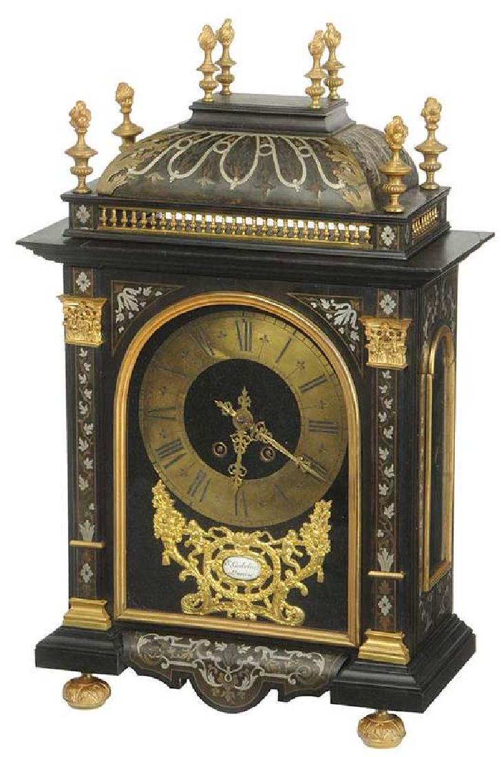 Louis XIV Style Bracket Clock: Swiss, second half 19th century, brass dial on velvet with ormolu trim, French eight-day brass movement and strike, embossed "[Vincente & Cie/1855/Médaille d'Argent]", enameled signature f