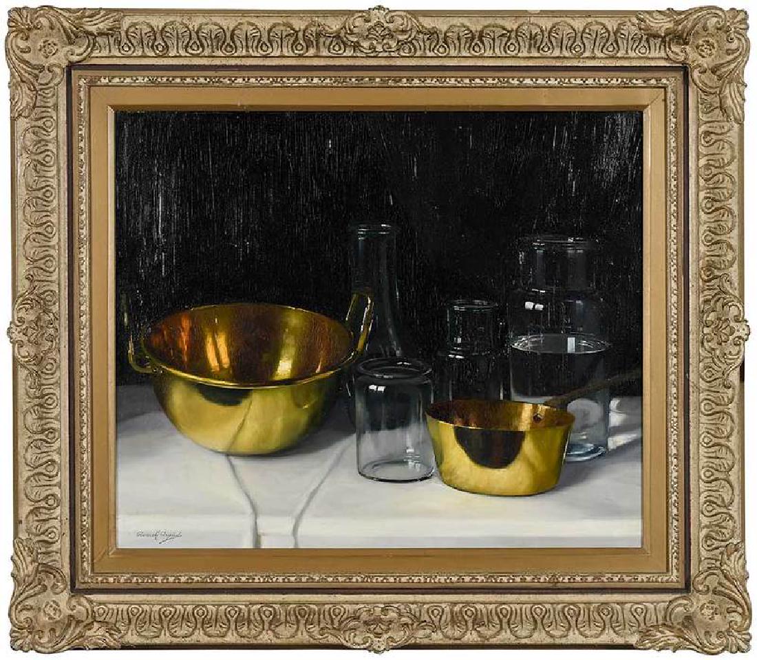 Arpad Romek: (Hungarian, 1883–1960) Brass and Glass Still Life, signed lower left "Arpad Romek", oil on canvas, 19-5/8 x 23-5/8 in.; painted wood and composition frame, 28-1/4 x 32-1/8 in. Provenance: Privat