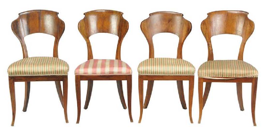 Set Four Biedermeier Walnut Side Chairs: Continental, 19th century, each with figured walnut veneers, scrolled back; striped upholstery, 34-1/2 in. Provenance: By Descent from Prominent Nobleman and Industrialist Guido Lazzari