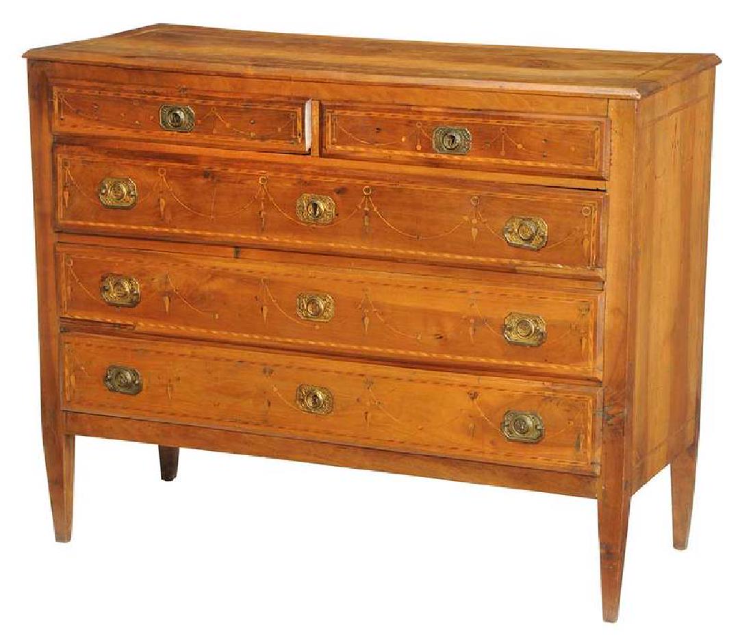 Italian Neoclassical Inlaid Commode: early 19th century, five barber pole and swag inlaid drawers, dovetailed construction, on tapered legs, 39 x 47-1/2 x 21 in. Provenance: By Descent from Prominent Nobleman and Industrialist Guido Lazz