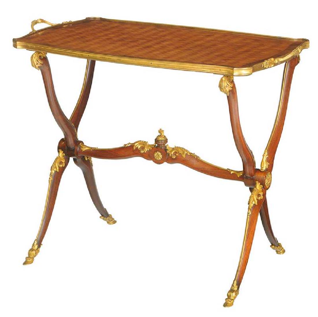 Fine Louis XV Style Gilt Bronze-Mounted Table: French, late 19th century, finely made rectangular parquetry-inlaid top within a gilt bronze handled band, X-form legs with mounted floral and leaf decoration, hoofed feet, scrolled stretcher, 28-3/4 