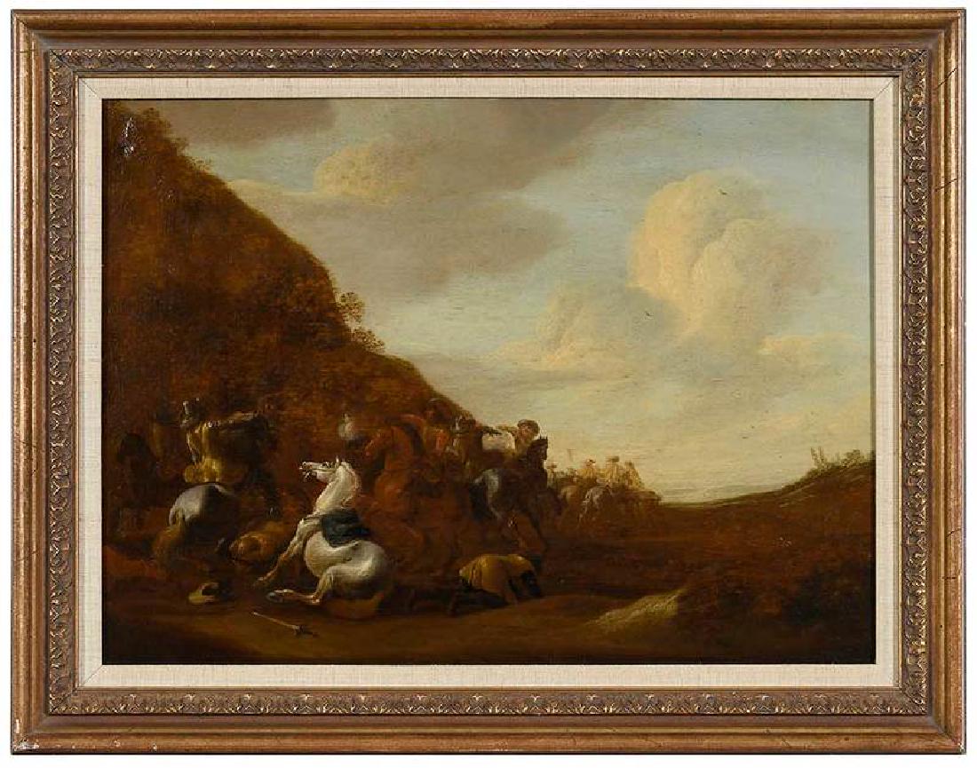 Attributed to Jan Jacobsz van der Stoffe: (Dutch, active 1625–1682) Cavalry Skirmish, signed lower right on rock with conjoined first initials "JVd. Stoffe", oil on oak panel, 14-3/8 x 19-7/8 in.; modern frame, 18-1/8 x 23-1/8 in. Prove