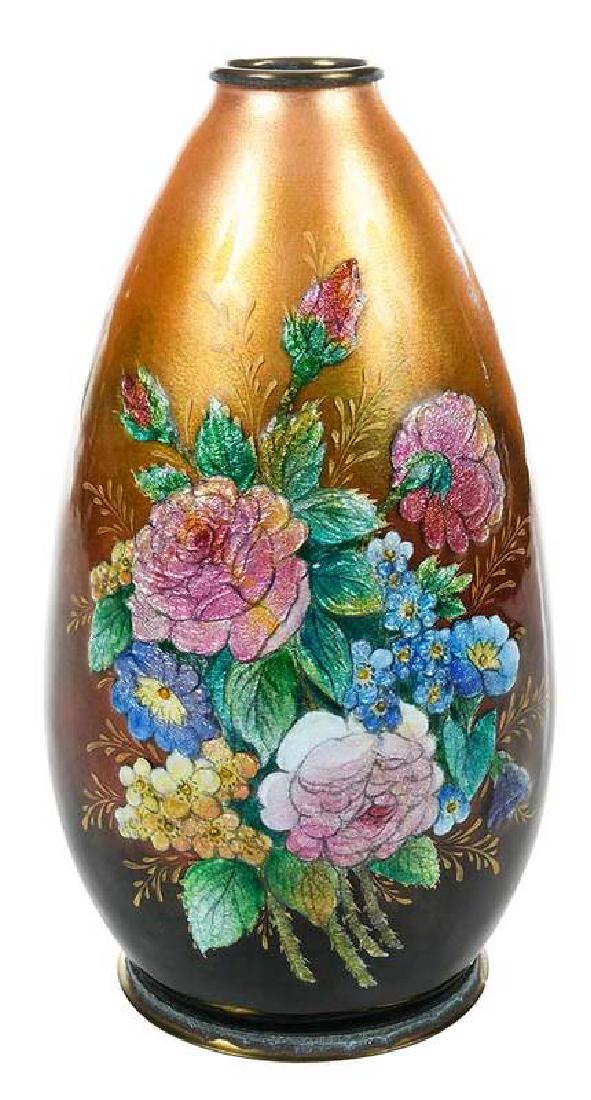 Camille Faure Limoges Enameled Vase: Camille Faure (French, 1874-1956), heavily enameled with two floral bouquets on a copper ground, signed near base, "Faure, Limoges/France", old adhesive labels on base, 11 in. Provenance: Proper