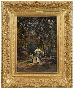 Attributed to Richard Scheibe: (German, 1879–1964) Woodland Gathering, possibly circa 1905, signed and inscribed indistinctly lower right "..."R. Schreibe", oil on canvas with Paris colorman stamp verso, 18 x 13 in.; gi