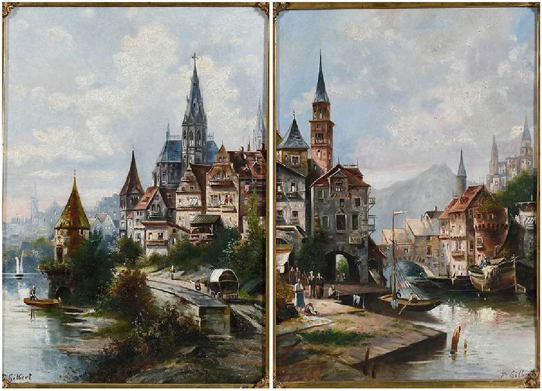 Karl Kaufmann: (German/Austrian, 1843-1902) A Pair: Town River Views, each signed with pseudonym "F. Gilbert", oil on canvas, 20-1/2 x 15 in; matching gilt wood and composition frames, 31- x 25-1/8 in. Provenance: P