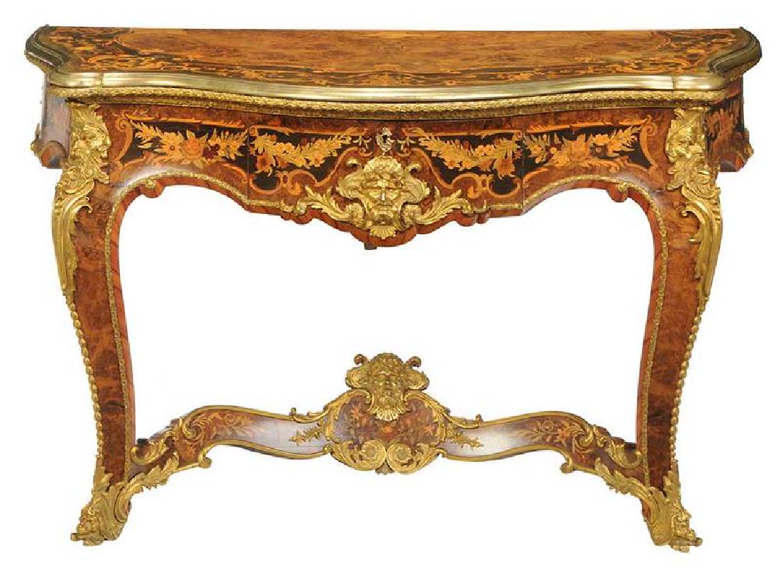 Louis XV Style Marquetry, Bronze-Mounted Console: French, late 19th/early 20th century, possibly François Linke (Paris, 1855-1946), elaborately inlaid burlwood and floral marquetry top, fine quality mounts, single dovetaile