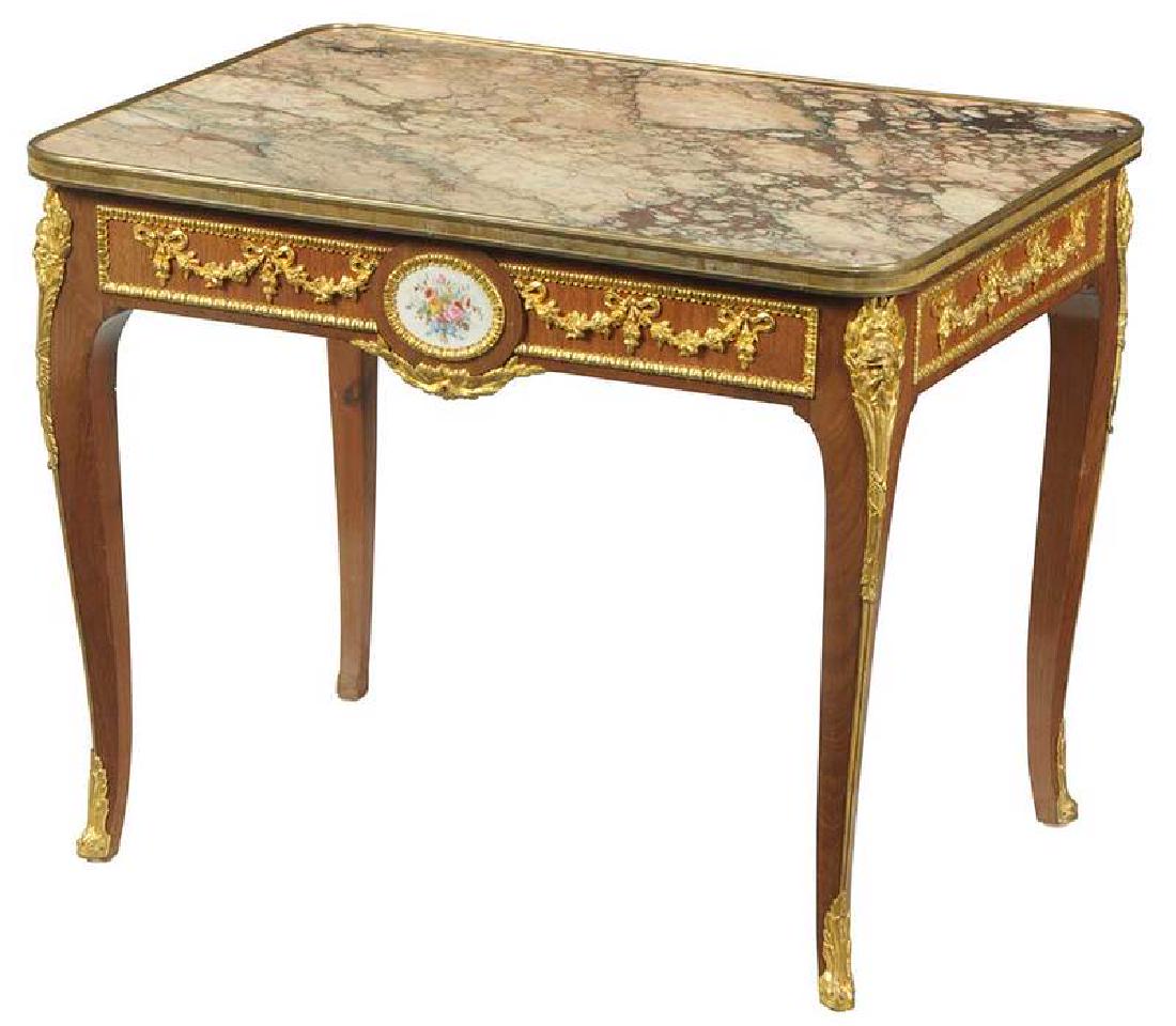 Louis XV Style Marble-Inset Low Table: French, late 19th century, [Calacatta viola] top with bronze band, ormolu mounted mahogany skirt with hand painted porcelain plaques, mask mounted cabriole legs, hoofed feet, 21-1/4 x 27 x 19-1/4 in. 