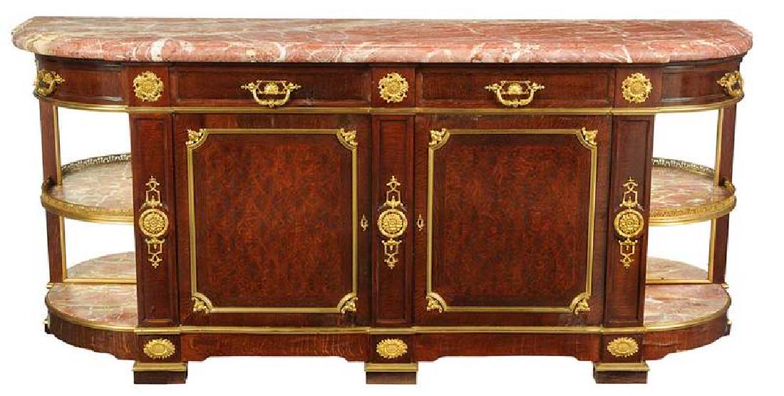 Louis Philippe Oak Marble-Top Commode-Dessert: French, late 19th/early 20th century, demilune rouge top over four dovetailed frieze drawers (two hinged) with floral gilt bronze mounts over two parquetry inlaid panel doors flanked by two mirro