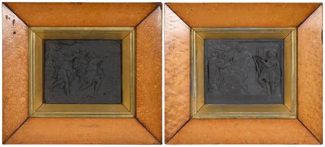 Pair Black Basalt Relief Plaques: British, 19th century, each signed by David Jackson, within gilt frame, within birds eye maple frame, comprising: David consoling King Saul with harp, signed lower right with monogram "D JACKSON 