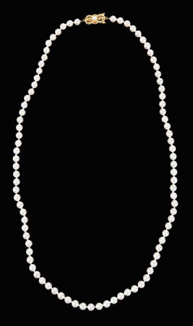 Mikimoto 18kt. Pearl Necklace: knotted, pearls range from approx. 5.5 to 6mm each, mix of slightly off-white to slightly pinkish pearls, clasp stamped "750" and with maker's mark, 18kt. yellow gold, 21.5 in. lg., 26.8 grams Provena