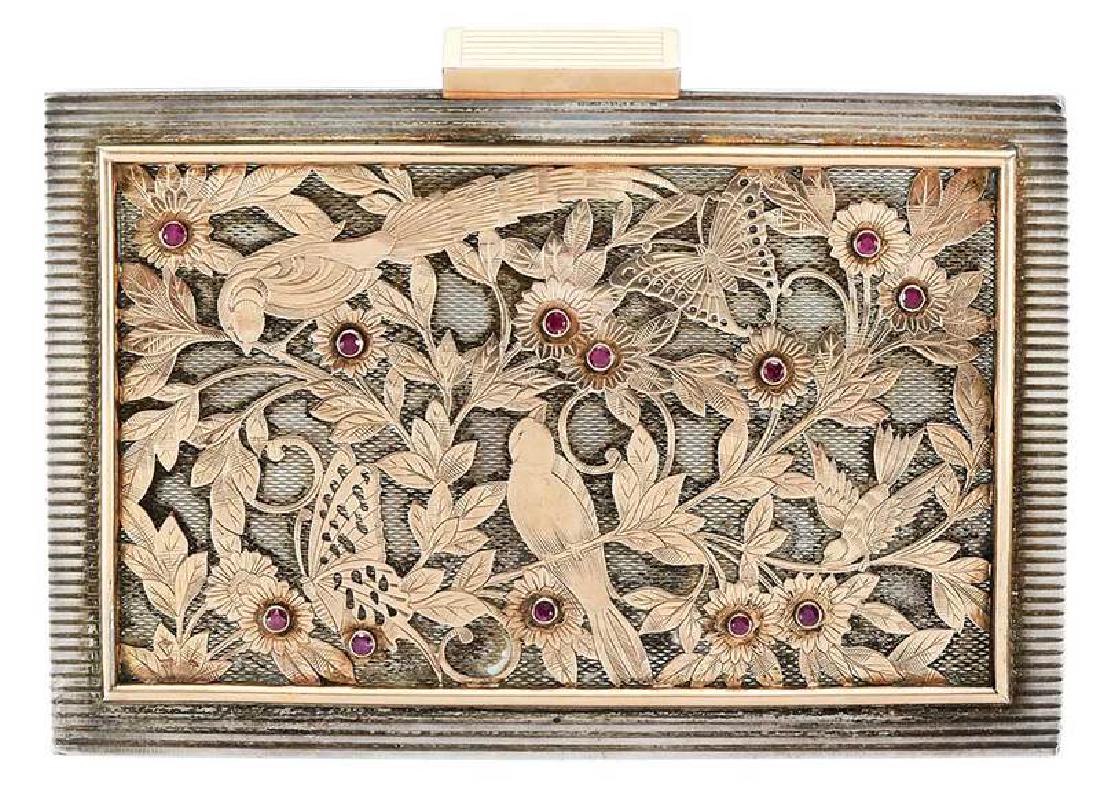 Silver & Ruby Compact/Purse: Boucheron style, gilt overlay design with birds, butterflies and flowers, 12 round faceted rubies approx. 2.75mm each, stamped "172" and with French .800 silver hallmark, maker's mark "H7M" in diamond