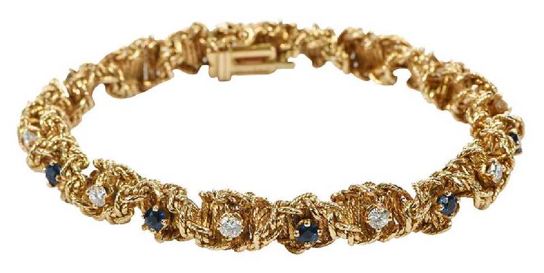 18kt. Diamond & Sapphire Bracelet: twisted rope chain design, 10 round brilliant diamonds estimated total weight 1.0cts., G-I, VS, 10 round faceted blue sapphires approx. 3mm each, stamped "Made in France, 18K" and with hallmarks, yell