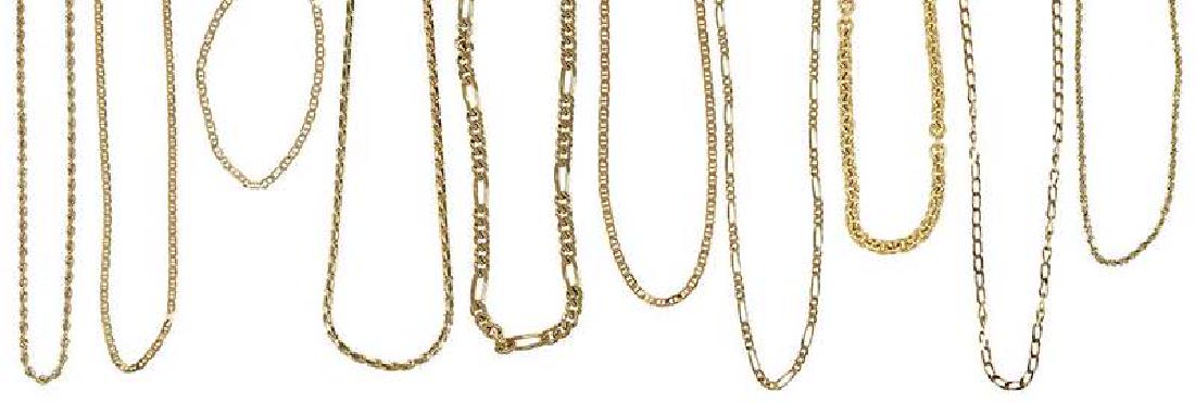 Ten 14kt. Gold Chains: nine necklace chains, one bracelet, assorted styles of chains, all tested or stamped "14K", yellow gold, ranging from approx. 2.8 to 6.5mm wide, necklace chains range from approx. 13 to 31 in. lg., br