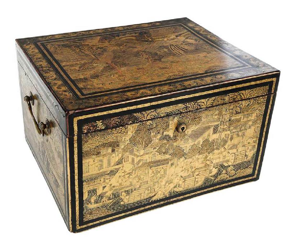 Chinese 19th Century Gilt Lacquer Box: Qing dynasty, black lacquer surface highly decorated with gilt decorative scenes of town scenes, with armies, boats and palaces, two brass handles, interior lid reads "Presented to Doctor McAllister b