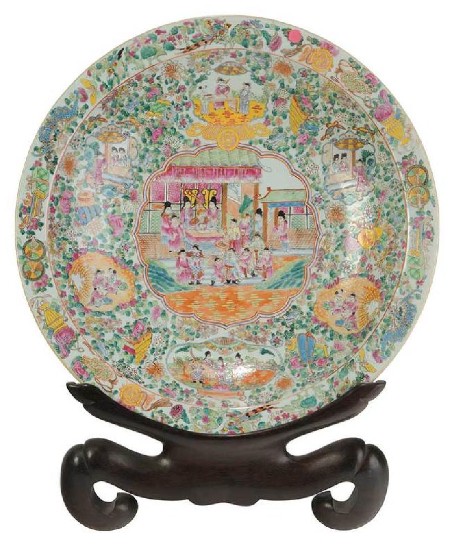 Monumental Famille Rose Porcelain Charger: Chinese, 19th century, interior with emperor and attendants on veranda surrounded by smaller vignettes within shaped cartouches, border and verso with Buddhist symbols, birds and flowers, apo