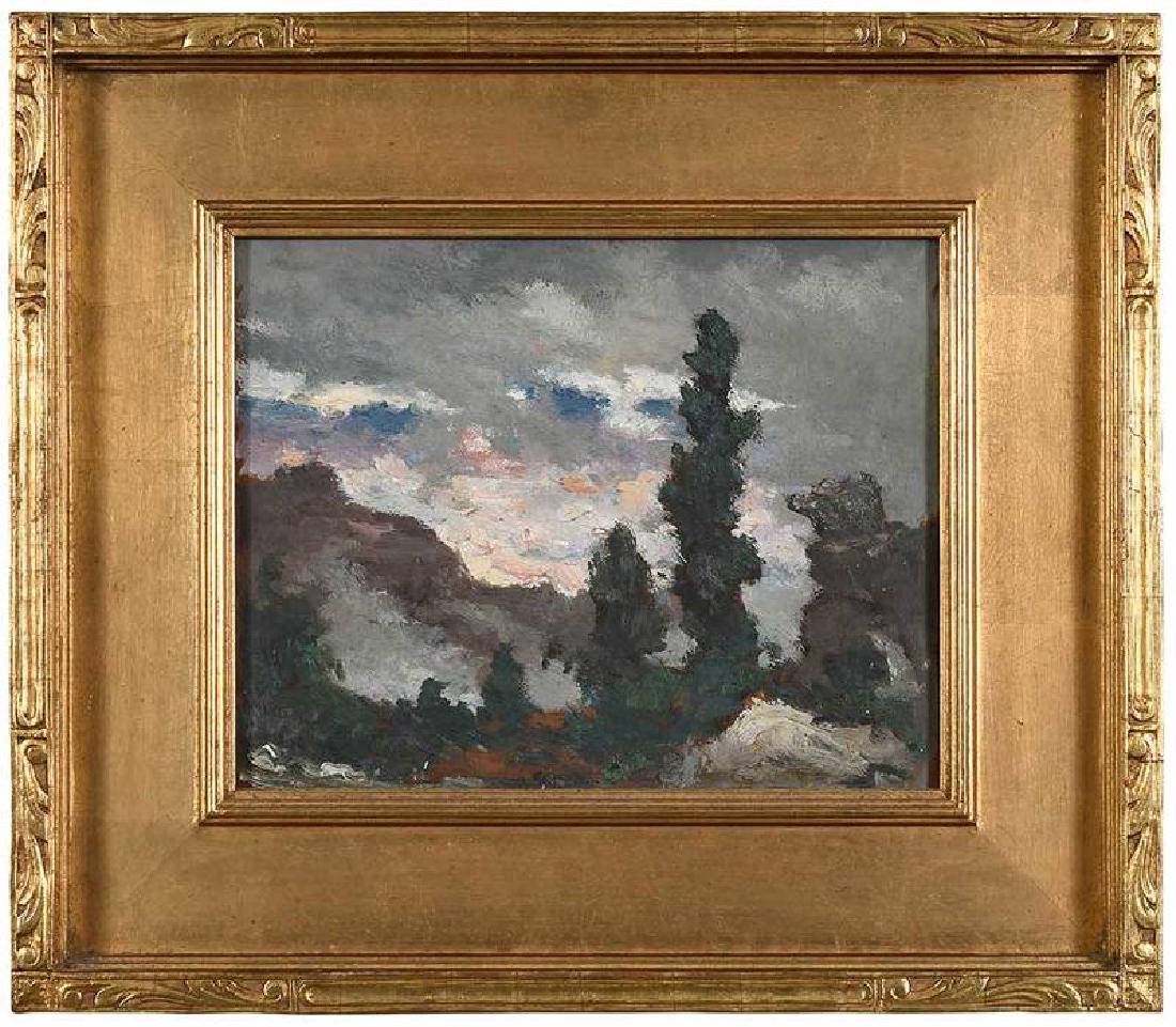 Elliott Daingerfield: (North Carolina, 1859-1932) Grand Canyon Landscape, inscribed on label verso, This is an original work by Elliott Daingerfield signed "Anna Daingerfield", oil on board, 8 x 10 in.; gilt wood frame, 13