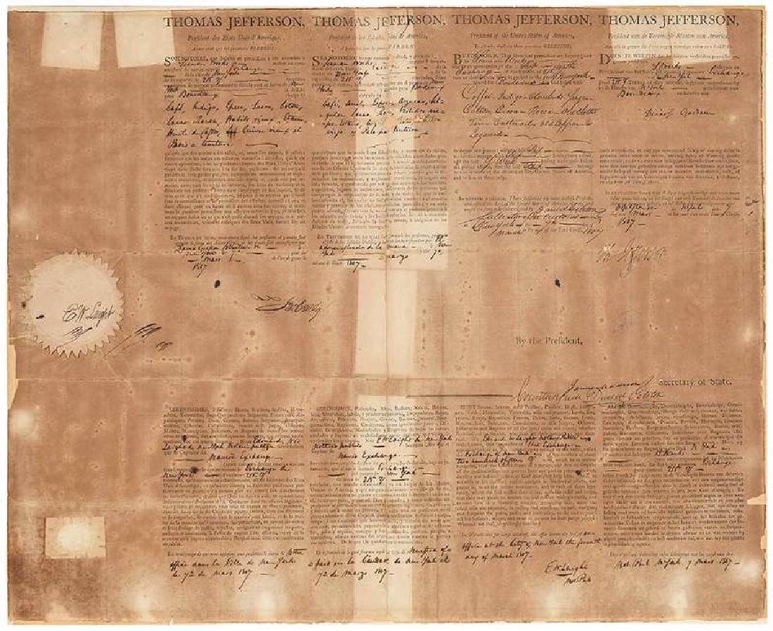 Thomas Jefferson and James Madison Document: 19th century, engraved and handwritten passage papers for the ship Exchange, in four languages, reads "Thomas Jefferson, President of the United States...be it known that Seamus Weeks master or comman
