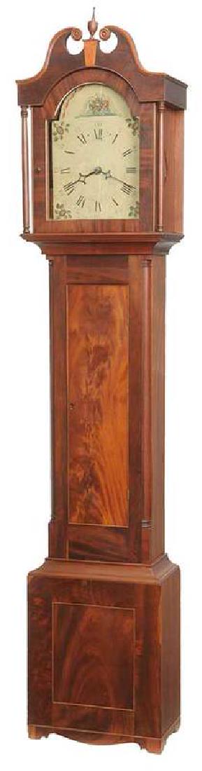 Virginia Federal Labeled Tall Case Clock: Richmond, early 19th century, paper label reads "MADE BY/ROBERTS, DUTTON & Co./RICHMOND./WARRANTED", arched painted dial with wooden 30-hour movement, hood with scrolled pediment over a waisted case w