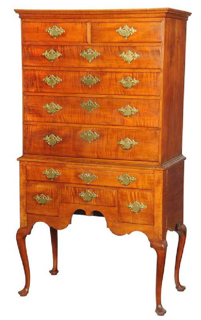 New England Queen Anne Tiger Maple High Chest: Connecticut/Rhode Island, 18th century, highly figured maple with chestnut and white pine secondary, ten dovetailed drawers set with original bat-wing brasses and escutcheons, 70-1/4 x 38 x 19-1/2 in.