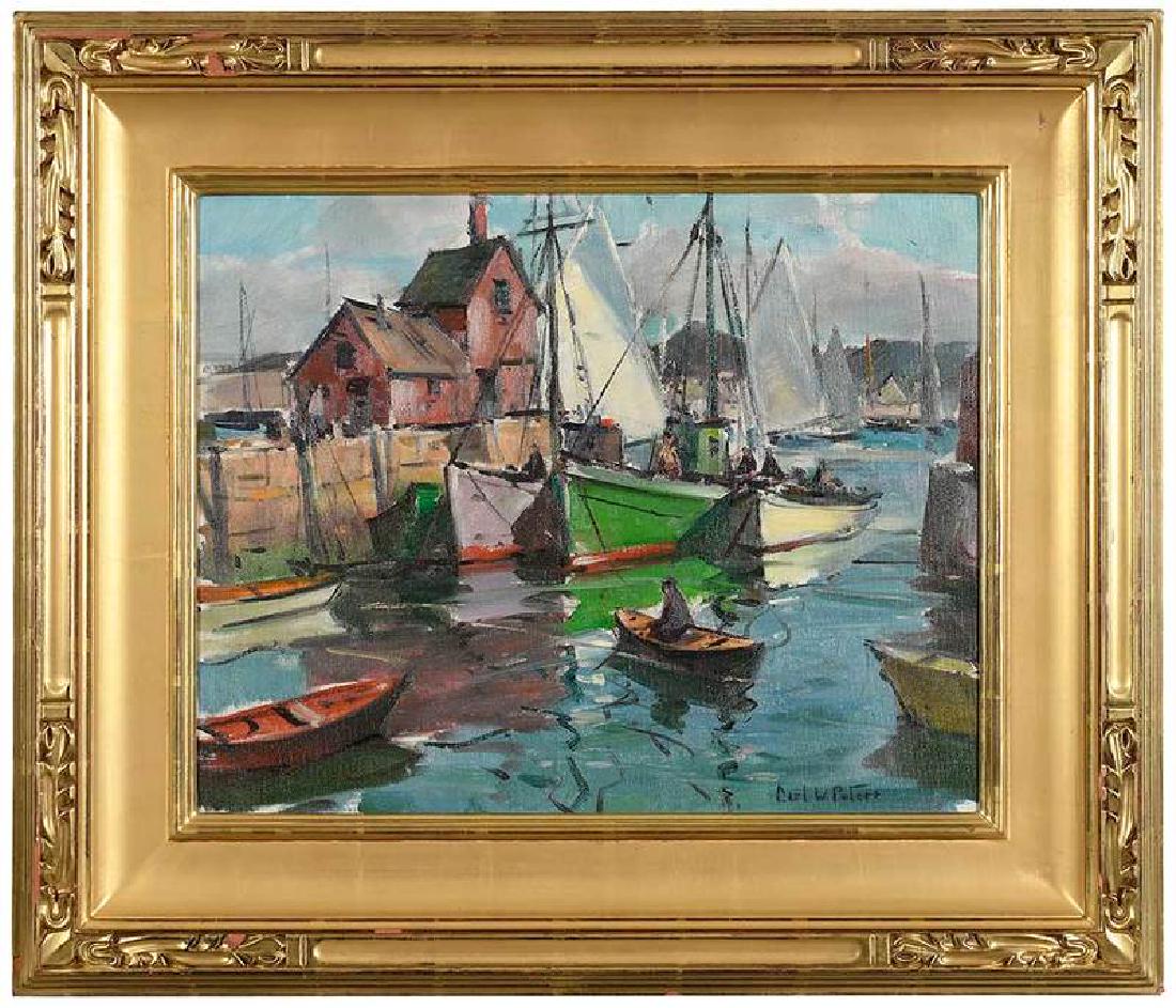 Carl W. Peters: (New York/Massachusetts, 1897-1980) Fishing Boats, signed lower right "Carl W. Peters", also signed, titled verso, oil on canvas, 16 x 20 in.; reproduction carved gilt wood and composition frame, 24-1