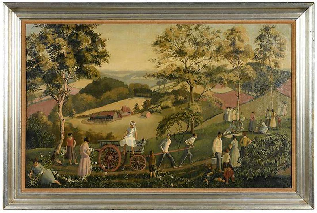 British School: (20th century) Picnic Landscape, unsigned, oil on canvas, 25 x 40-1/4 in.; modern silver-gilt frame, 31 x 46 in. Provenance: Estate of General Raymond Eliot Lee
