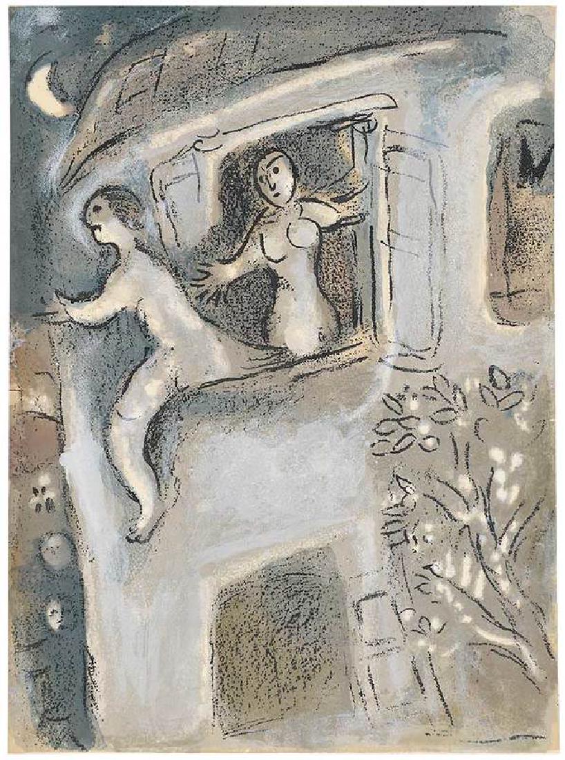 Marc Chagall: (French/Russian, 1887–1985) David Saved by Michal (M. 250 & 273), 1960, edition of 6500, from Bible II, Éditions de la Revue Verve, Teriade, Paris, publisher., Mourlot, printer, doub