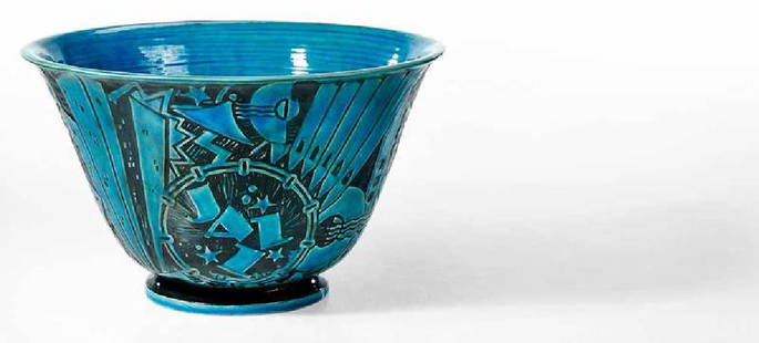 Viktor Schreckengost: (Ohio/Florida, 1906-2008)Punch Bowl, from the Jazz Bowl, Series, 1931, signed on 'bottle' "Viktor Schreckengost ", with underglaze stamps for Cowan Pottery Studio, Rocky River, Ohio, form X-38, with f