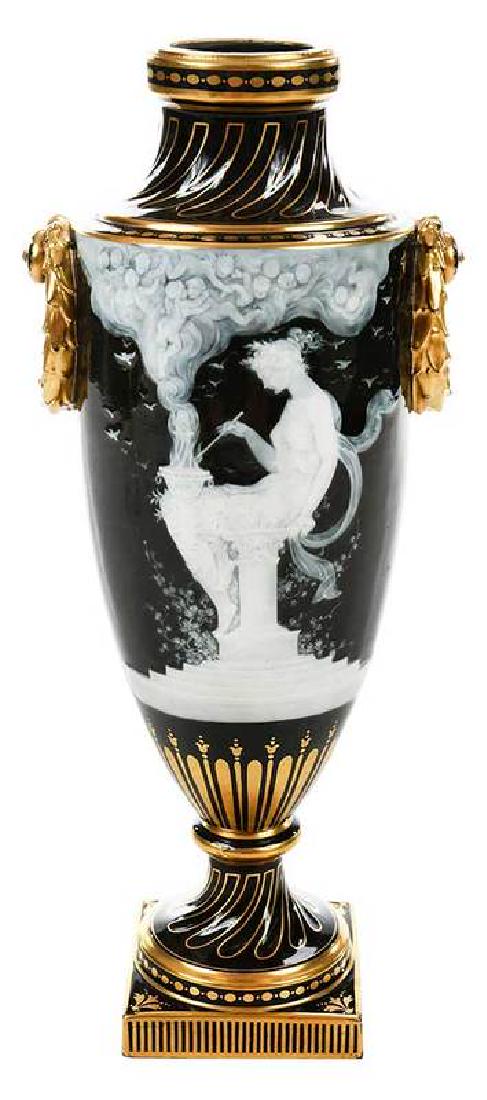 Albion Birks Mintons Pate-Sur-Pate Vase: British, late 19th/early 20th century, chocolate brown with painted and hand tooled white slip view of a seated muse with brazier issuing smoke filled with cherub figures, torch with figures verso, gi