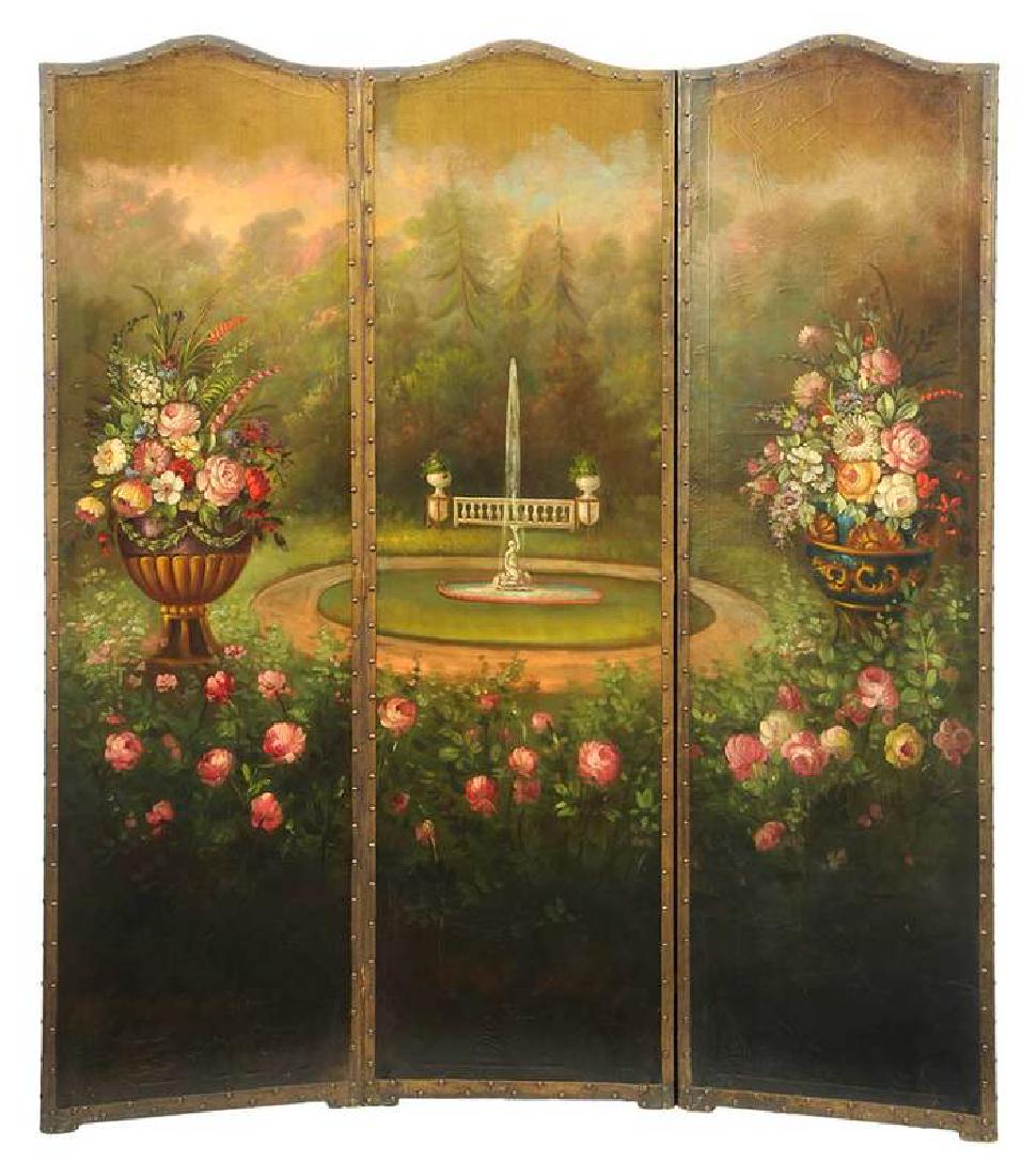 Vintage Hand-Painted Leather Room Screen: early 20th century, three arched panels with floral and urn decoration, brass tacking, fabric backing, each panel 70-3/4 x 20 in.