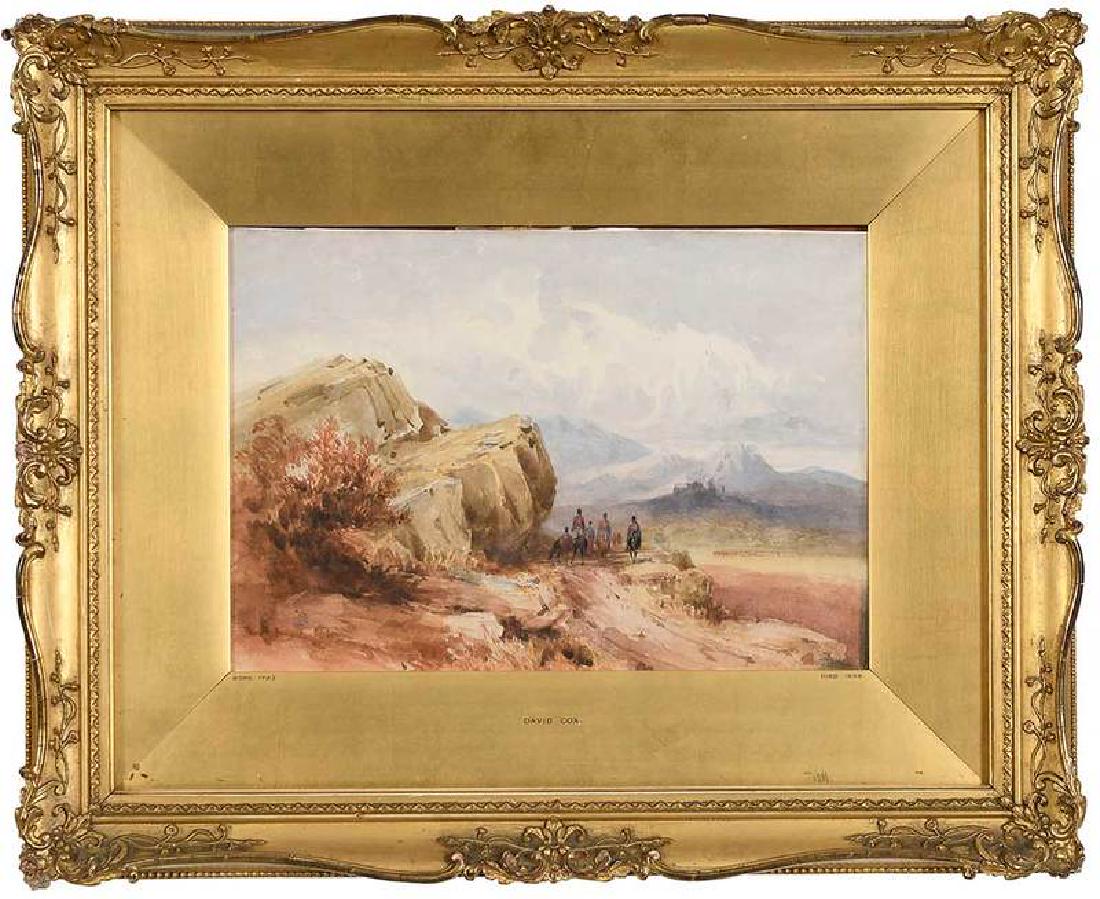 David Cox: (British, 1783-1859) Hussars on a Mountain Pass, with distant troops, apparently unsigned, watercolor, 9-1/8 x 13 in.; gilt wood and composition frame with inscribed gilt liner, 17 x 20-1/8 in. Proven