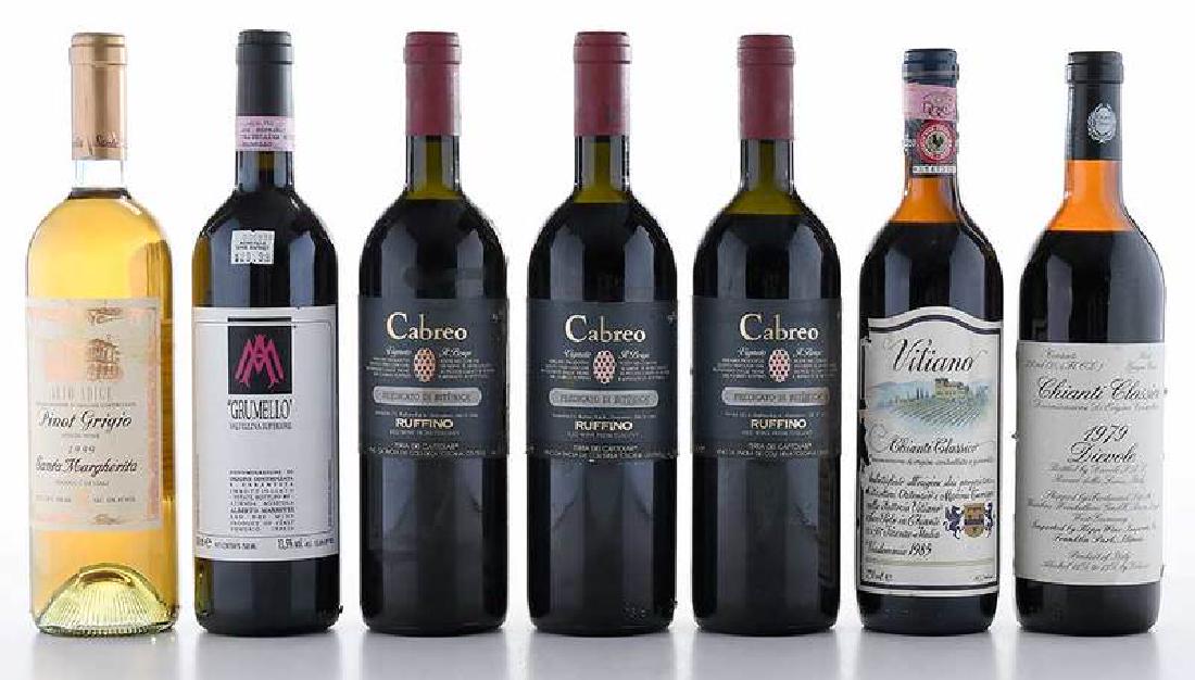 Seven Vintage Italian Red and White Wines: Chianti Classico, 1979, 1985 Dievole; three 1986 Cabreo, Ruffino; Santa Margherita, 1999 Alto Adige, Pinot Grigio; Valtellina Supreriore, Grumello, 2006 Alberto Marsetti Provenance: Private Collection
