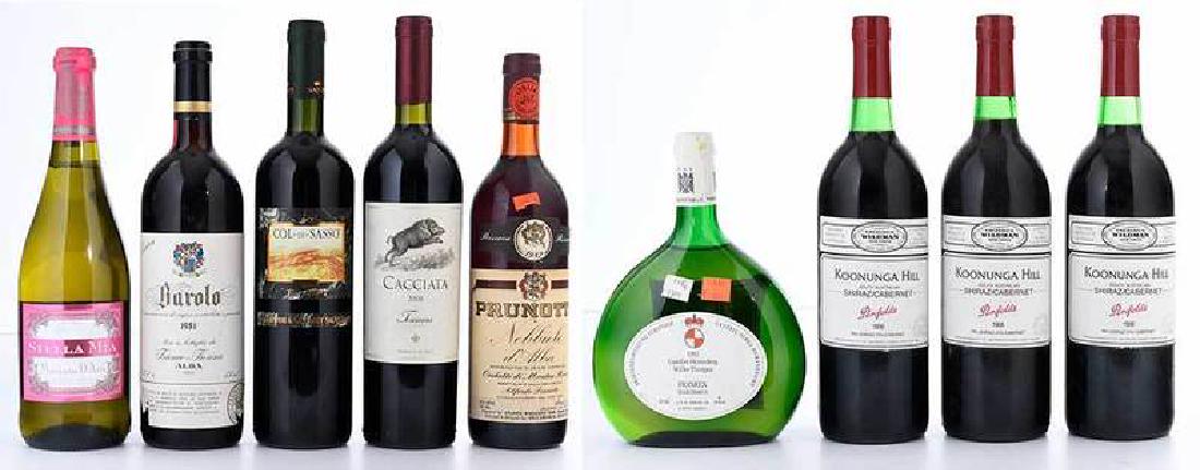 Nine Vintage Australian, Italian, German Wines: three Koonunga Hill, South Australia, 1986 Penfolds, Shiraz and Cabernet blend; three Piedmont, Italy: Barolo, 1981 Franco Fiorina; Nebbiolo d'Alba, 1982 Prunotto Occhetti; Muscato d'Asti, 2011 Evviva