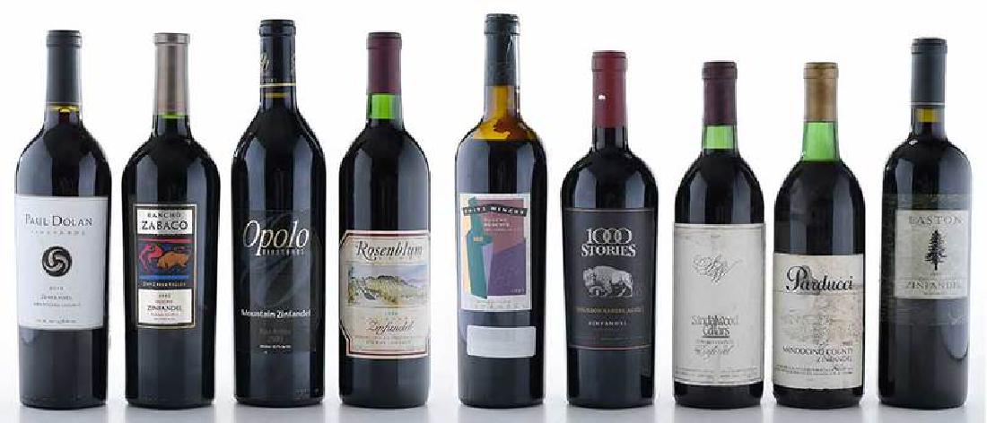 Nine Vintage Bottles California Zinfandel: Mendocino County, North Coast, 1981 Parducci; Sonoma County, North Coast, 1987 Sandalwood; 1996 Rosenblum; Dry Creek Valley, North Coast, 1997 Fritz, Rogers' Reserve; Shenandoah Valley, Sierra Foothil