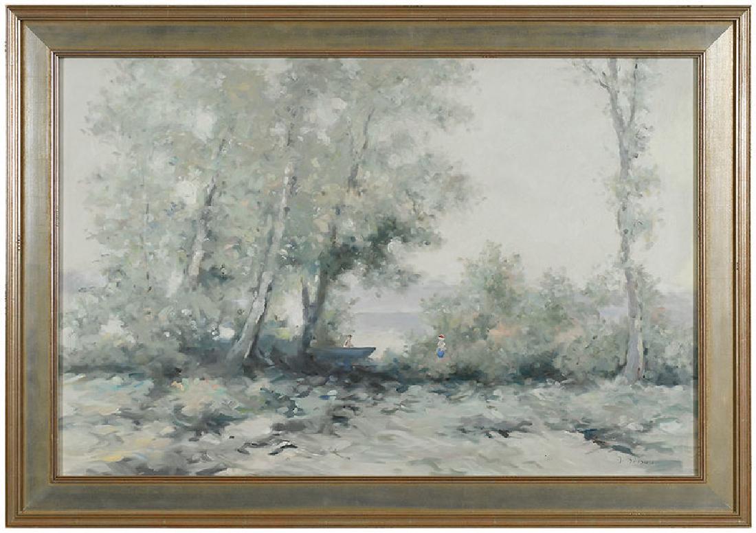 Andre Gisson: (New York/Connecticut, 1921-2003) Boaters By a Lake, signed lower right "A. Gisson", oil on canvas, 24 x 36 in.; silver gilt wood frame, 29-3/8 x 41-1/2 in. , Provenance: W.T. Burger Co; Private Colle