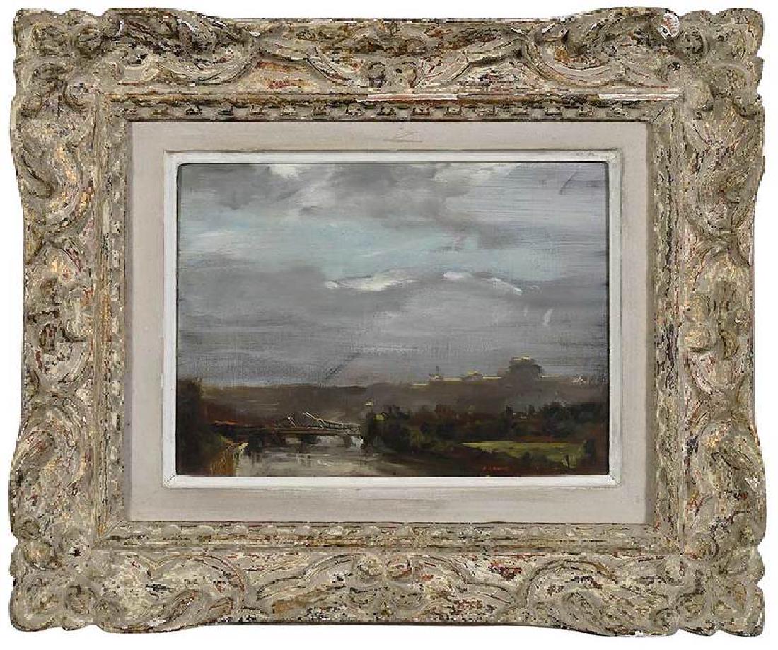 David Levine: (New York, 1926-2009) The Bridge, c. 1962, signed lower right "D. Levine", oil on cigar box lid, 6-1/2 x 8-1/2 in.; carved wood and composition frame, 11-1/4 x 13-1/2 in. Note: Bears label verso