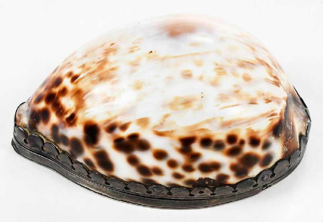 Shell and Silver Snuff Box: probably English, 19th century, shell body with applied silver lid, engraved decoration with urn, monogram, unmarked silver, 4 x 2 x 2-3/4 in.; interior with label for Pebble Hill Plantation, "24