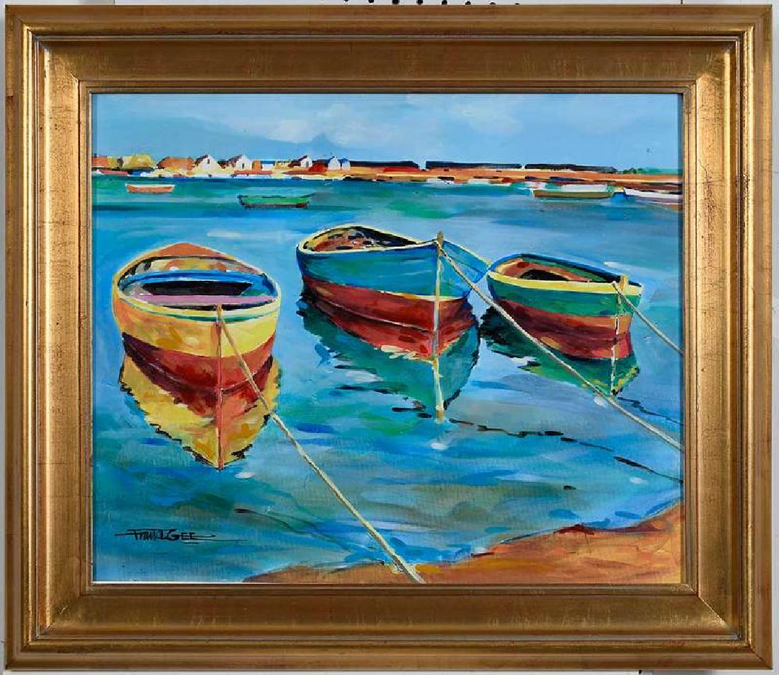 Frank Gee: (Tennessee, 20th/21st century) Aruba Boats, signed lower left "Frank Gee", giclee, 20 x 24 in.; modern gilt wood frame, 27 x 31 in. , Provenance: Private Collection, Asheville, North Carolina