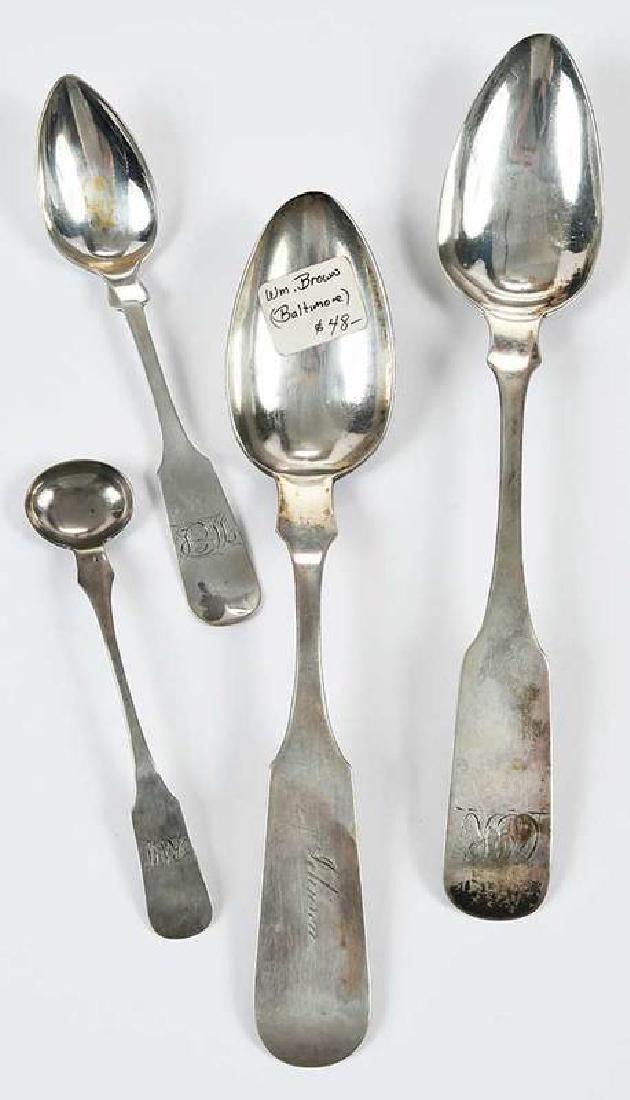 21 Maryland Coin Silver Spoons: American, 19th century, including set of six teaspoons, table spoons, serving spoons and salt spoons, various makers including William Cook, S. Leon