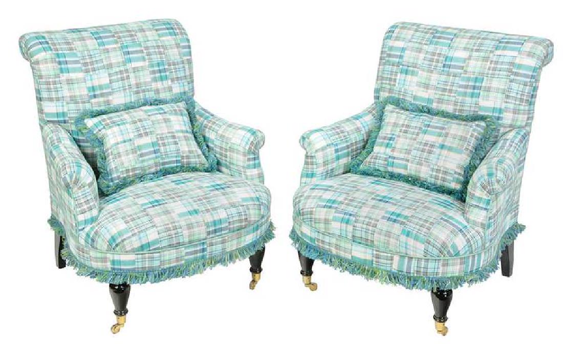 Pair Regency Style Plaid Upholstered Club Chairs: 20th/21st century, turned, ebonized feet, brass casters, madras plaid upholstery, 35 in. , Provenance: