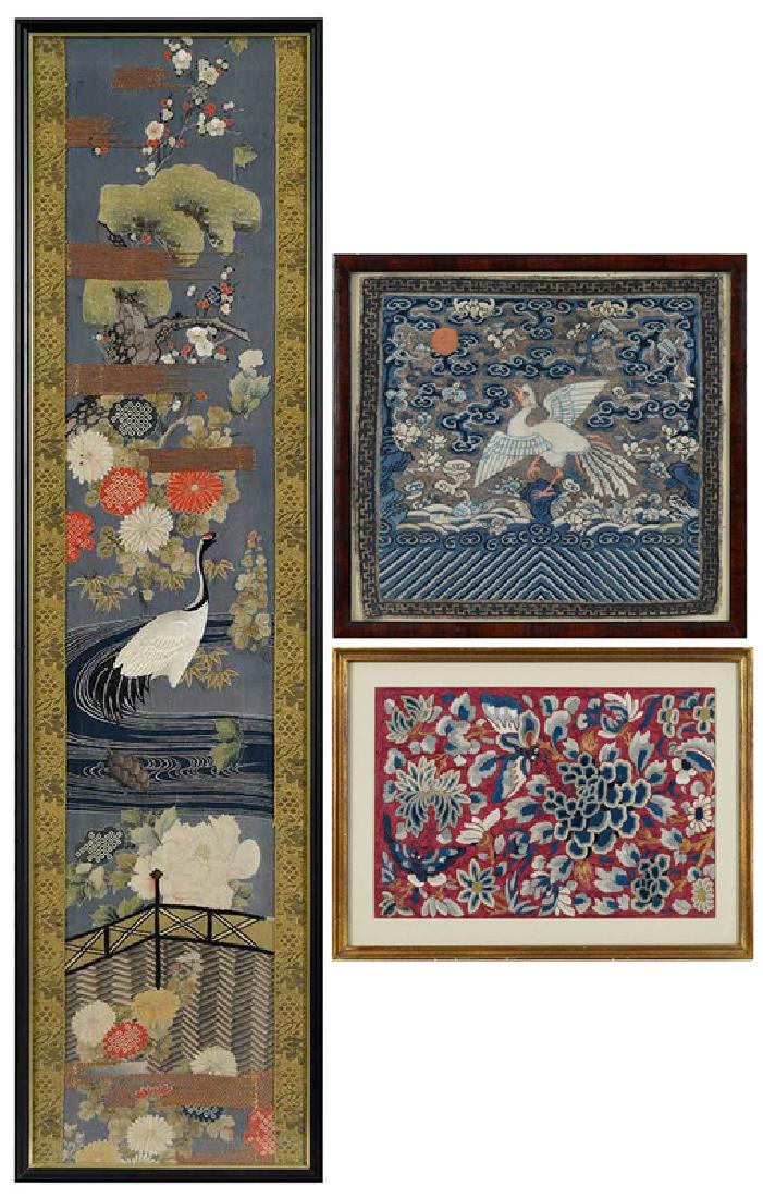 Three Framed Asian Textiles: 20th century, Chinese brocaded rank badge, woven silk, later frame, 11-1/2 x 12 in. (sight), fading, minor losses, selvage wear; floral embroidered panel, silk and couched gold thread, 12 x 8 in. (sig