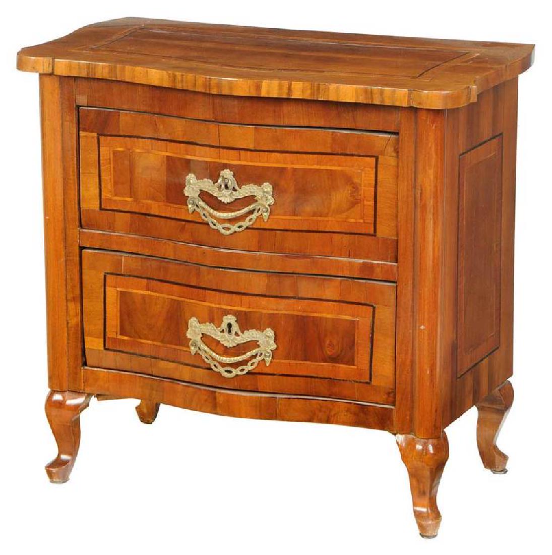 Baroque Inlaid Walnut Two Drawer Petite Commode: Continental, 19th century, serpentine form, two dovetailed drawers, 25-1/2 x 27-1/2 x 16 in. , Provenance: